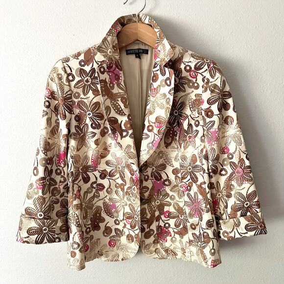 Lafayette 148 New York Tan Gold Metallic Pink Floral Short Blazer Women’s Size 6 - Picture 1 of 14